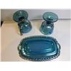 Image 3 : 498.  BLUE DEPRESSION GLASS CREAM, SUGAR AND TRAY, GRAPE PATTERNED
