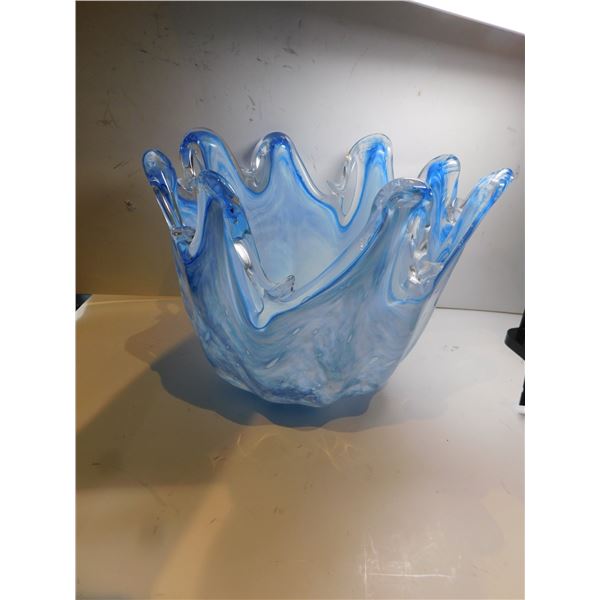 503.  BLUE WAVES WHITE SWIRL MURANO ART GLASS DISH