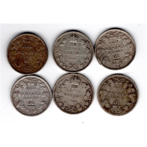 532.  EDWARD VII TEN CENTS 1902H, 1903, 1903H,1904, 1908, 1909