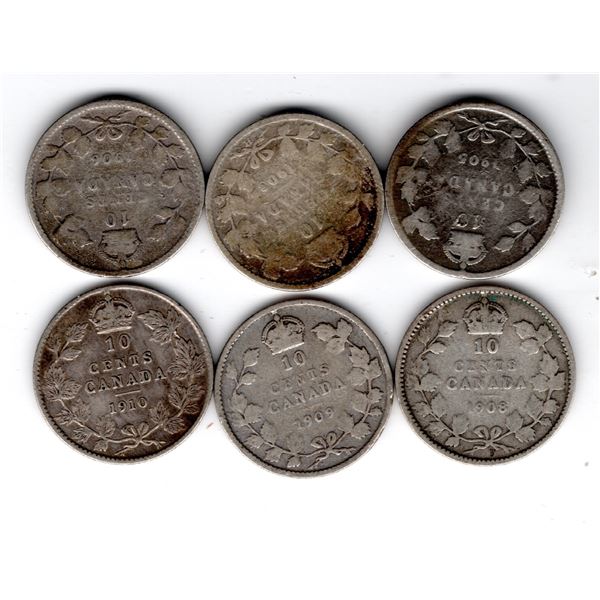 533.  6 EDWAR VII TEN CENTS 1903H, 05, 06, 08, 09,10