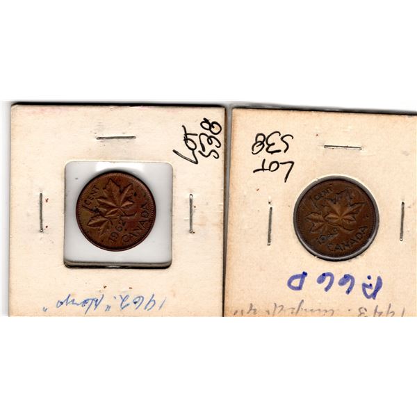 538.  1943 ONE CENT PLUGGED 4, AND 1962 HARP CENT