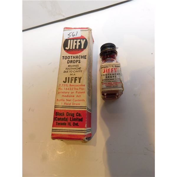 561.  JIFFY TOOTH ACHE DROPS, CONTENTS AND ORIGINAL BOX