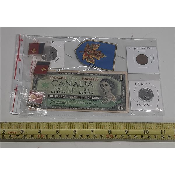 1967 Canada One Dollar, 1967 Canada 5 Cent, 1 Cent, 1968 Canada 50 Cents and (3) JEUX Canada Games 8