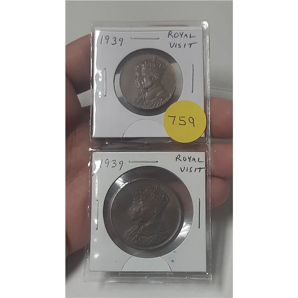 Set of 2 1939 Royal Visit to Canada medals by King George VI.