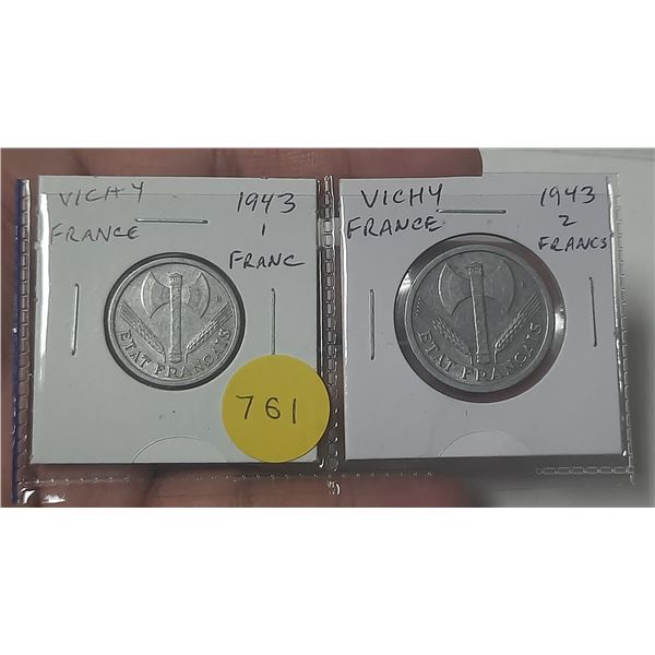 Complete set of 2 Vichy France 1943 1 Franc & 2 Franc coins. EF.