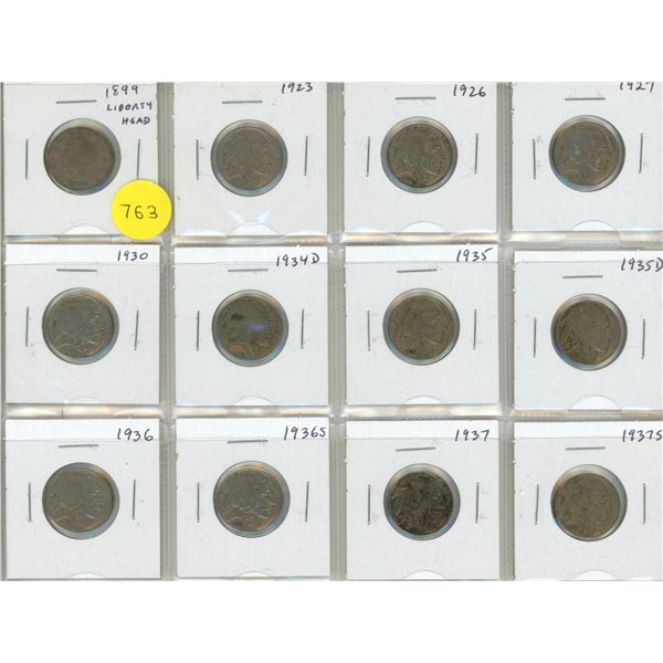 Set of 12 U.S. Liberty Head and Buffalo Nickels dating from 1899 to 1937S.