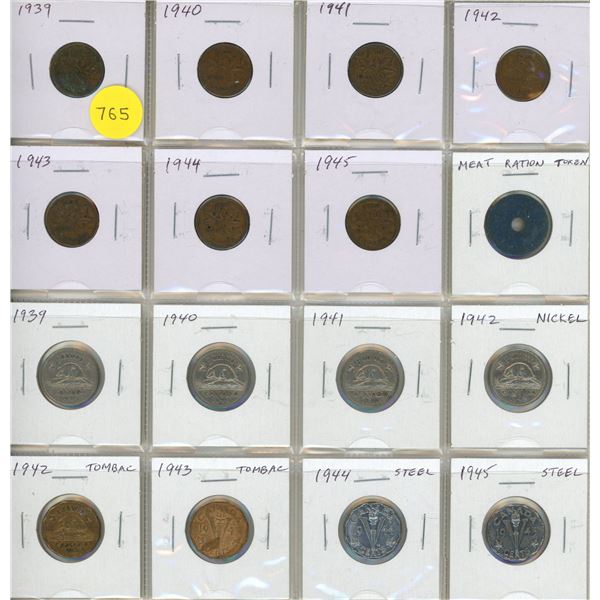 Complete set of Canadian World War II 1939 – 1945 Cents and 5 Cents, plus one Meat Ration T