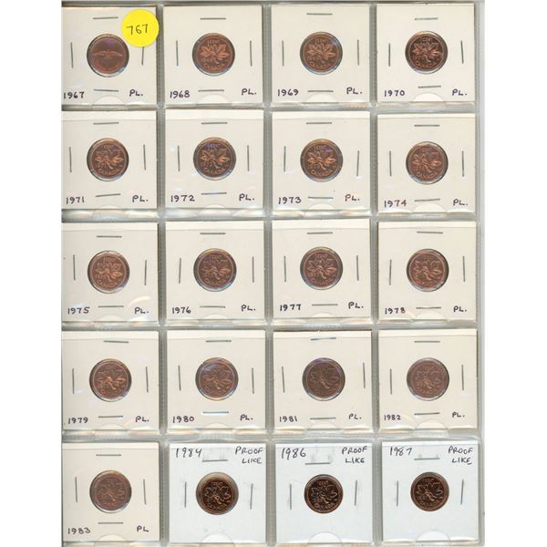 Set of 20 Canadian Proof Like Cents dating from 1967 to 1987. All Red and taken from PL sets.
