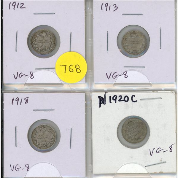 Set of 4 Canadian Silver 5 Cents: 1912, 1913, 1918 & 1920. All VG-8.