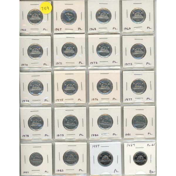 Set of 20 Canadian Proof Like Nickel 5 Cents dating from 1966 to 1987. All taken from PL sets.