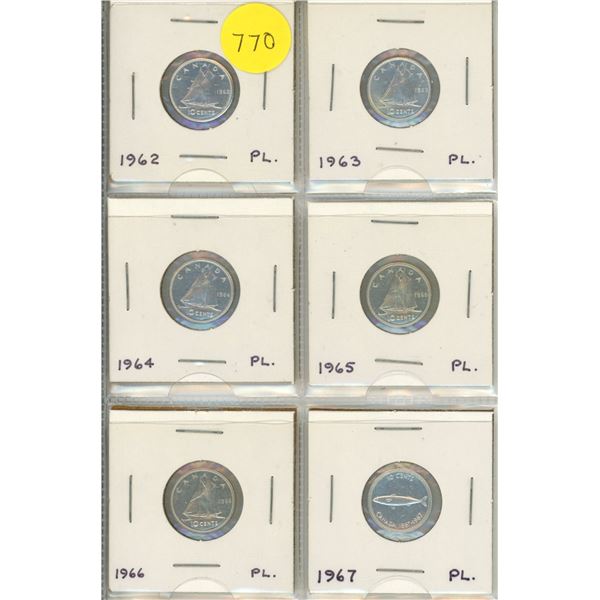 Set of 6 Canadian Silver 10 Cents dating from 1962 to 1967. All are Proof Like. The last silver 10 C
