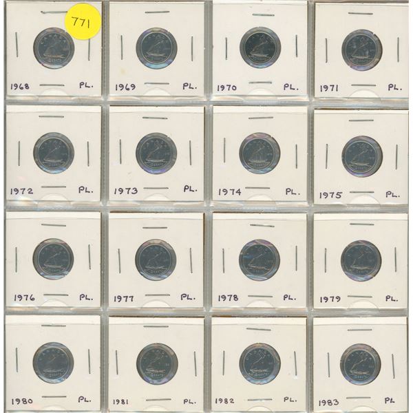 Set of 16 Canadian Proof Like 10 Cents dating from 1968 to 1983. All taken from PL sets.