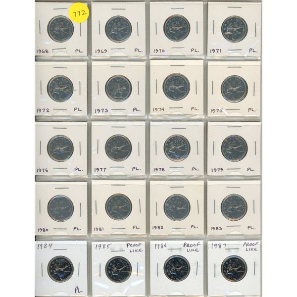 Set of 20 Canadian Proof Like 25 Cents dating from 1968 to 1987. All taken from PL sets.