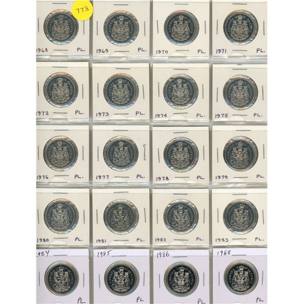 Set of 20 Canadian Proof Like 50 Cents dating from 1968 to 1988. All taken from PL sets.