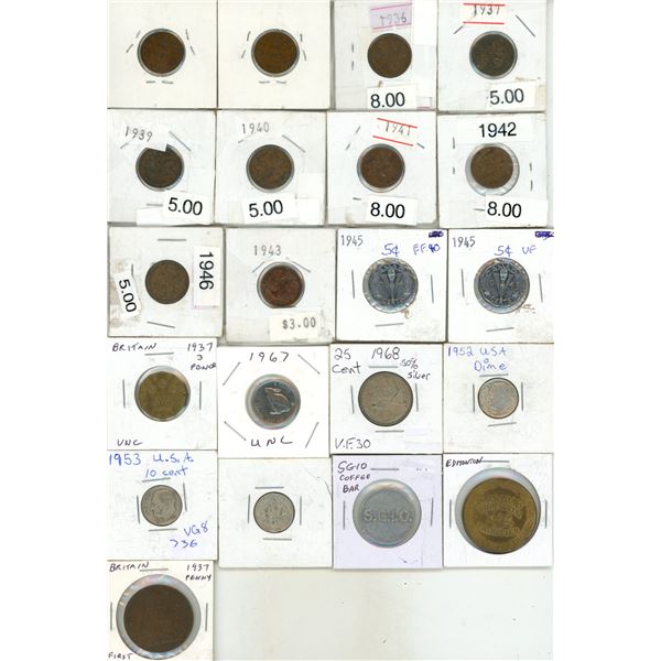 Lot of (10) One Cent, (3) Five Cents, (1) 25 Cents, (3) U.S.A One Dime, (2) Token, Britain Three Pen