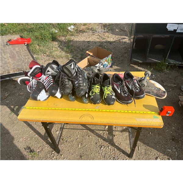Lot of shoes, skates, and skateboard