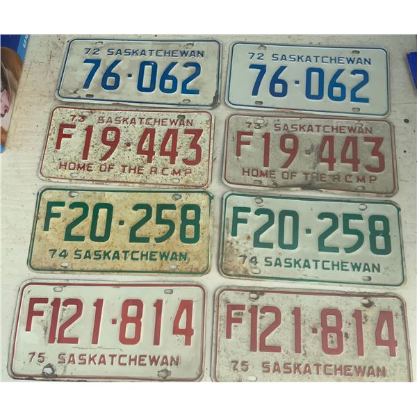 Four sets of Matched License Plates.1972, 1973, 1974, 1975