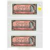 Image 1 : Set of 3 Consecutive Serial Numbers 1954 Modified Portrait $2 notes. Beattie-Rasminsky signatures. A