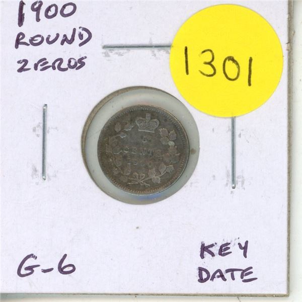 1900 Round Zeros Canadian Silver 5 Cents. Key Date. G-6.
