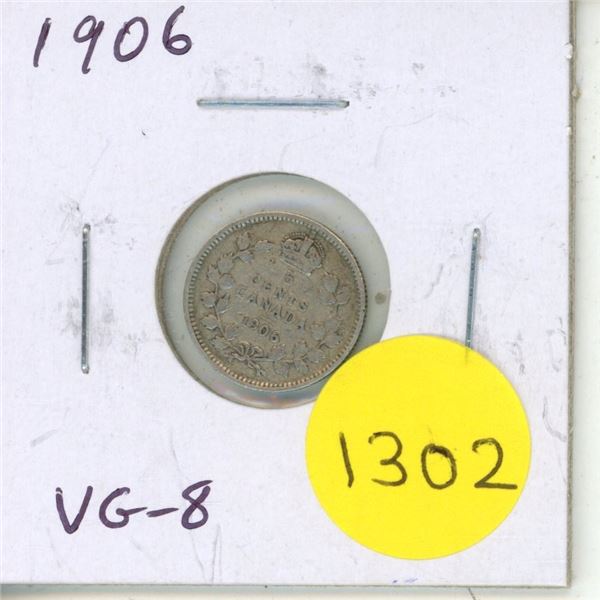 1906 Canadian Silver 5 Cents. Sterling Silver. VG-8.