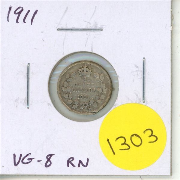 1911 Canadian Silver 5 Cents. Sterling Silver. VG-8 with Rim Nick.