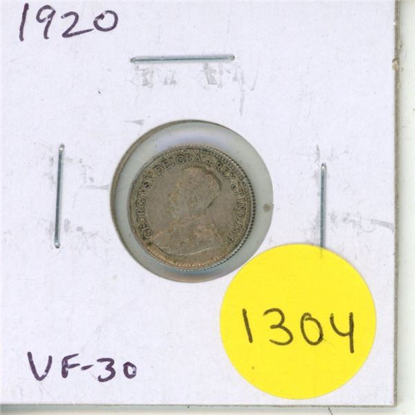 1920 Canadian Silver 5 Cents. The last affordable silver 5 Cents. VF-30.