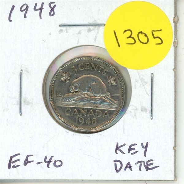 1948 Canadian Nickel 5 Cents. Key Date. EF-40.