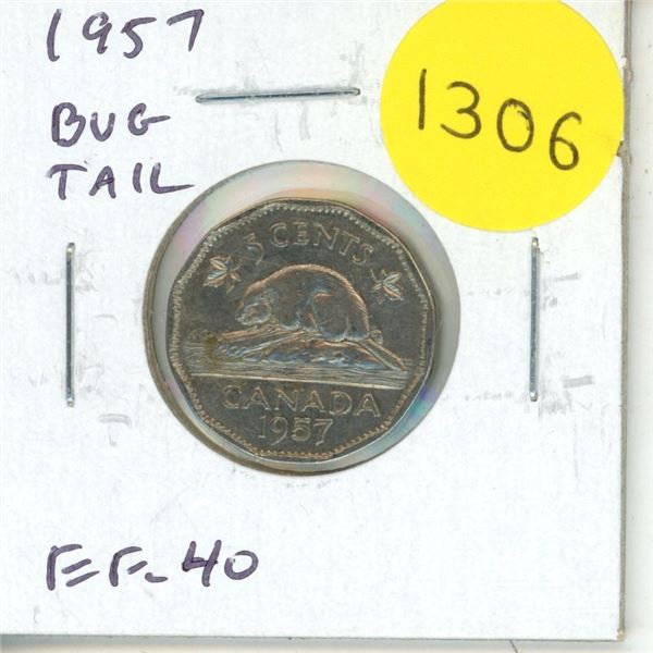 1957 Bug Tail Nickel 5 Cents. There is a small Die Chip on the end of the beaver’s tail tha
