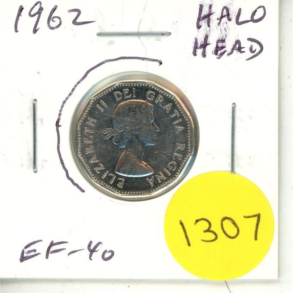 1962 Halo Head Canadian Nickel 5 Cents. There is a Halo around the Queen’s head. EF-40.