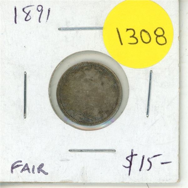 1891 Canadian Victorian Silver 10 Cents. Fair-2 with readable date.