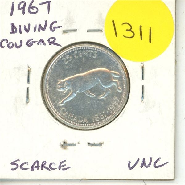 1967 Diving Cougar 25 Cents. There is a Die Rotation, so it looks like the Cougar is Diving. Uncircu