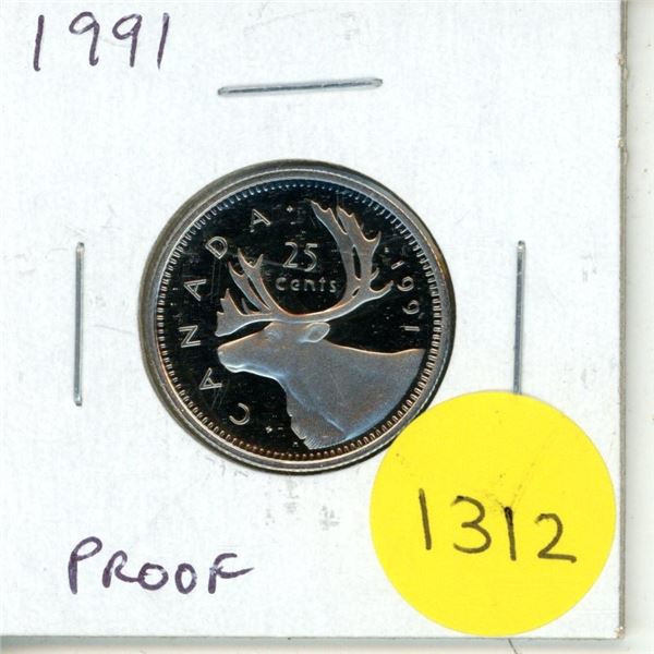 1991 Canadian 25 Cents. Key Date. Proof with Ultra Heavy Cameo.