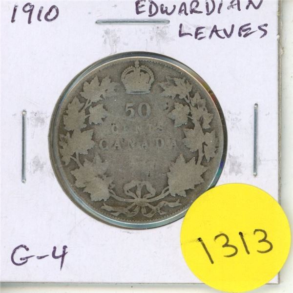 1910 Edwardian Leaves Silver 50 Cents. The last issue of Edward VII. G-4.