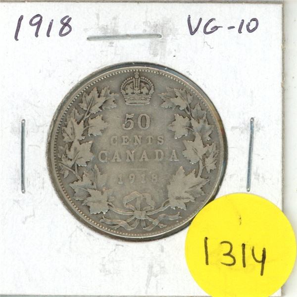 1918 Canadian Silver 50 Cents. Issued during the last year of World War I. VG-10.