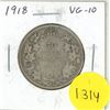 Image 1 : 1918 Canadian Silver 50 Cents. Issued during the last year of World War I. VG-10.