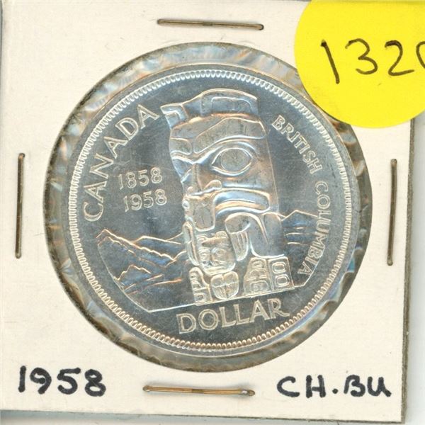 1958 Canadian Silver Dollar. Commemorates the 100th Anniversary of British Columbia becoming a Crown