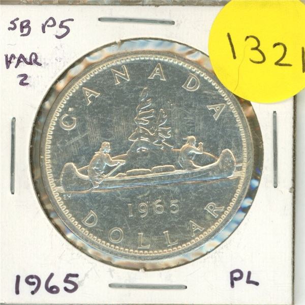 1965 Variety II Canadian Silver Dollar. Small Beads, Pointed 5. Proof Like-65.