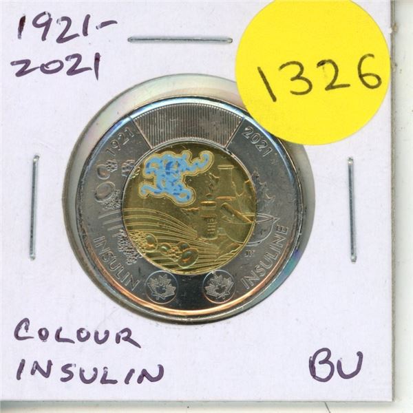 1921 – 2021 Colourized Insulin $2 Toonie. 100th Anniversary of Doctors Banting and Best dis