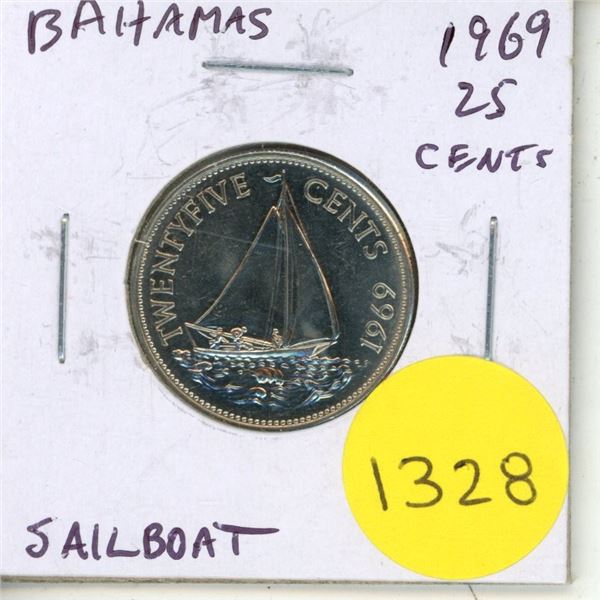 Bahamas. 1969 25 Cents. Sailboat. BU.