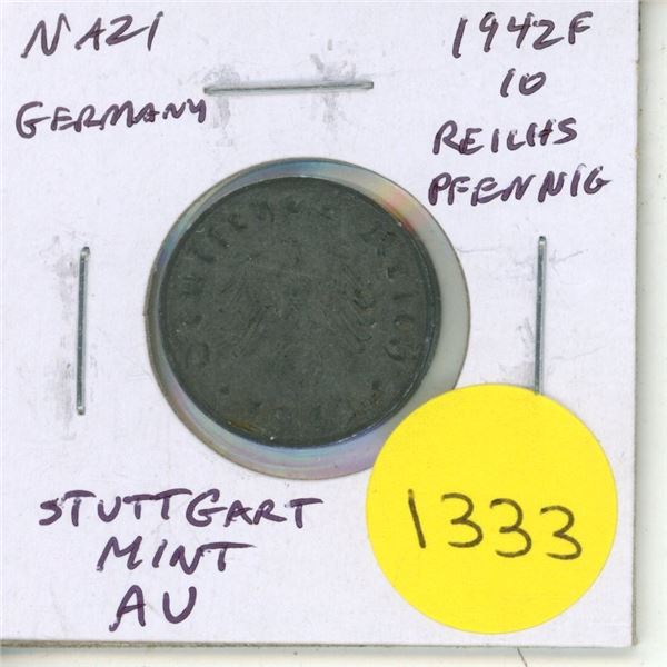 Nazi Germany. 1942F 10 Reichspfennig. Stuttgart Mint. Eagle with Swastika. AU.