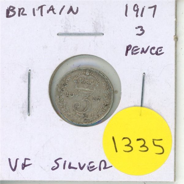 Great Britain. 1917 3 Pence. Sterling Silver. Issued during World War I. VF.