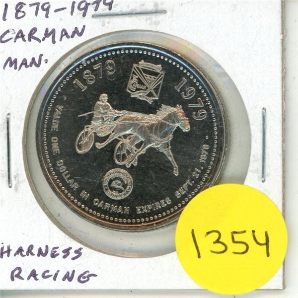 1879 – 1979 Carman Manitoba Trade Dollar. Harness Racing. BU.
