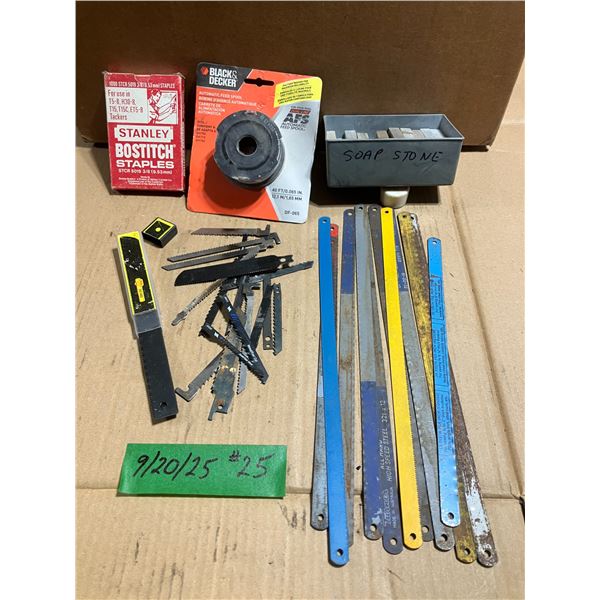 Miscellaneous Soap stone, stapes, hacksaw blade, etc.