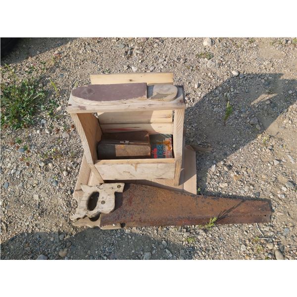 Wooden crate with hand saws (x2)