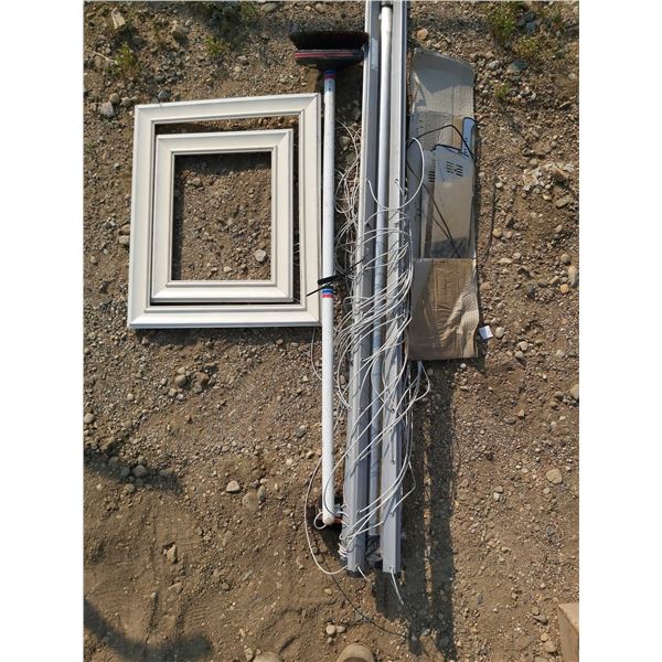 Lot of misc. household (Rails, wires, mirror, push broom)