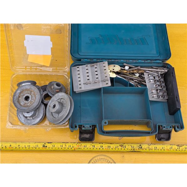 Lot of pulley wheels and tool case with misc parts