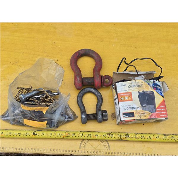 Lot of tools, 2 large clevises, bits and compact air compressor
