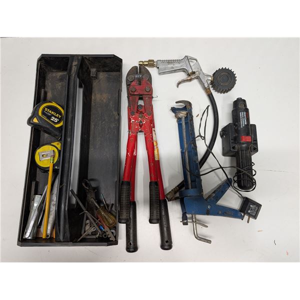Box of Misc. Tools (Bolt Cutters, Measuring Tapes and etc.)