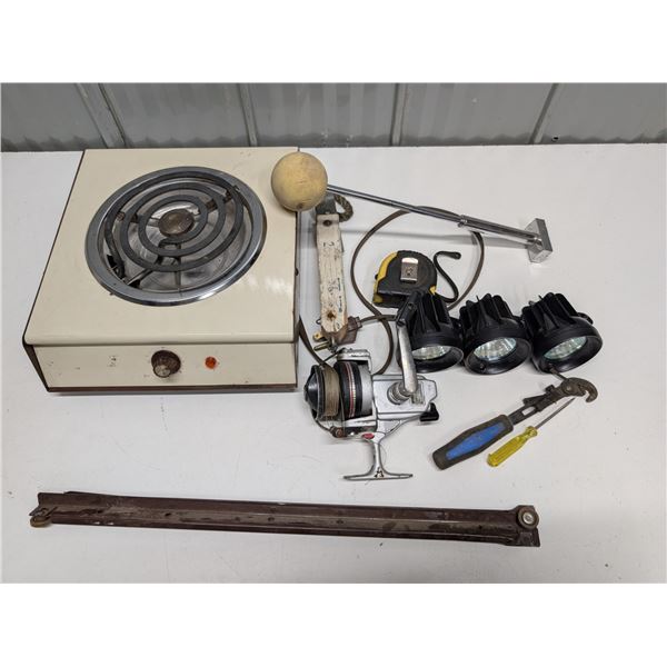 Box of Misc. Items (Vintage Camping Stove, Screwdrivers, and etc.)