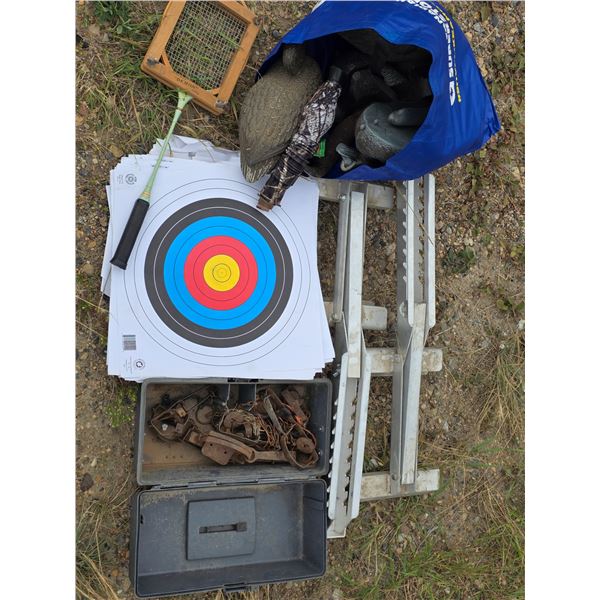Lot of hunting supplies- decoys, targets, traps, stands